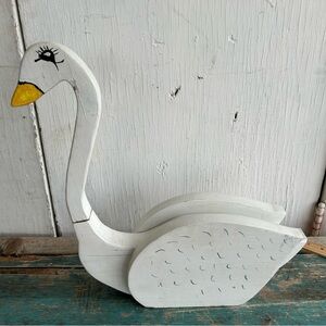 Vintage Hand Painted Wooden Goose White Cottagecore Folk Art Decor 15.5 Inches